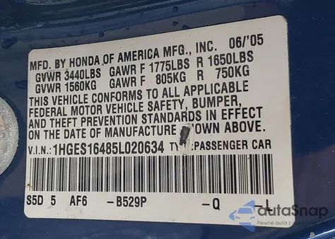 2005 Honda Civic Vp z USA, uszkodzony, nr VIN 1HGES16485L020634